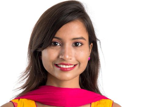 Portrait of beautiful young smiling girl on a white background.