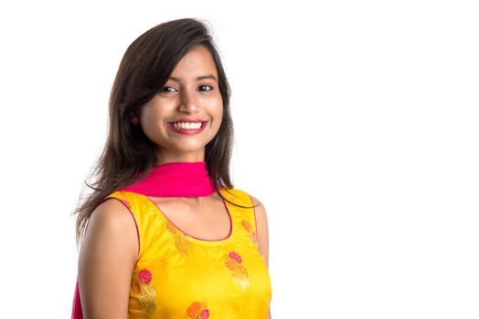 Portrait of beautiful young smiling girl on a white background.