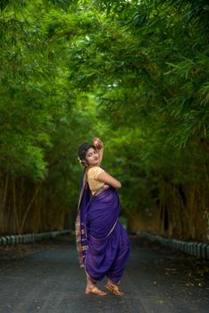 Indian Traditional Beautiful young girl in saree posing outdoors