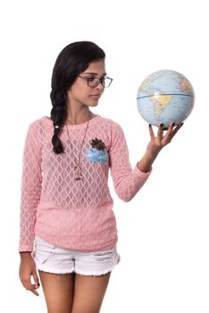 Beautiful Girl holding a world globe isolated on a white background