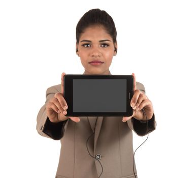 Young beautiful woman holding blank screen smart phone on white background