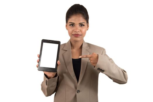 Young beautiful woman holding blank screen smart phone on white background