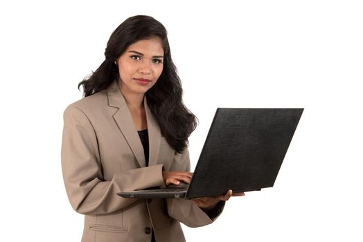 Young happy smiling woman holding laptop.