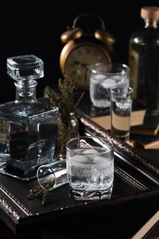 A glass of gin and tonic cooled with ice on a tray standing on the books