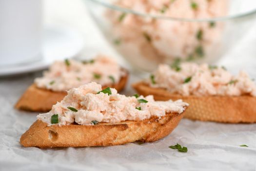  toasted sliced bread anointed pate  salmon with soft cheese and herb on paper