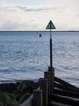 Green and red harbour channel markers and wooden groin with seagulls at Landguard Point at dusk, near Languard Fort, Felixstowe, Suffolk, UK