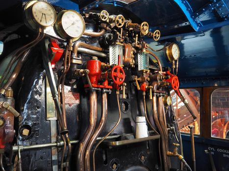 National Railway Museum, York, UK, August 19 2018: Inside cab London and North Eastern Railway record breaking steam locomotive Mallard A4 Pacific class 4468