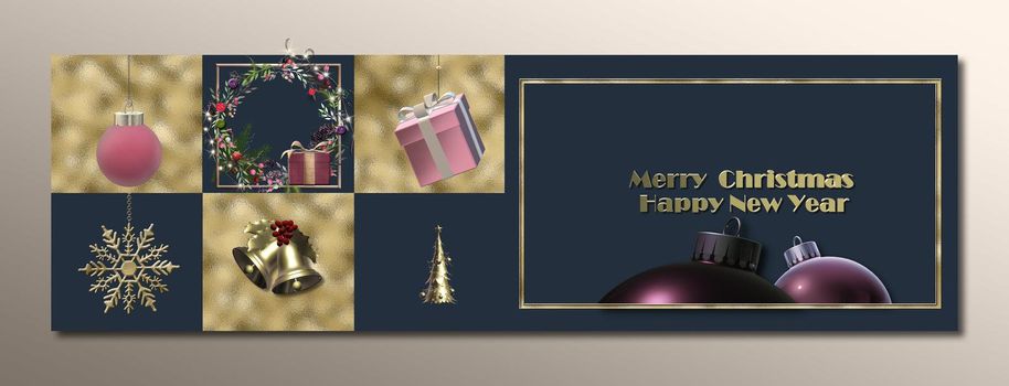 Christmas banner, Festive holiday header design. Christmas set of greeting cards, web poster, holiday New Year menu, corporate Xmas card, covers. Xmas templates party banner. 3D render