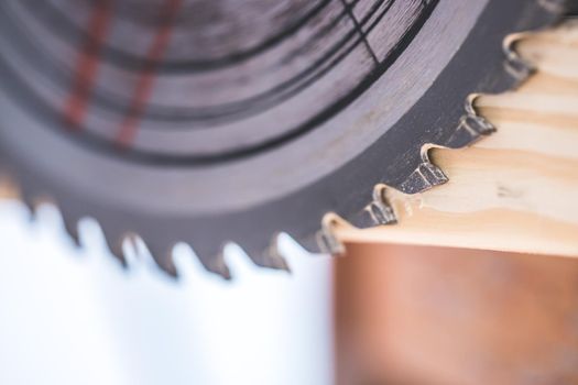 Close up of circular metal saw blade on construction site