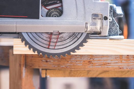 Close up of circular saw, ready for sawing wood planks