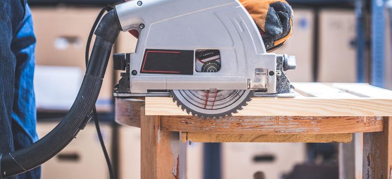 Close up of circular saw, ready for sawing wood planks