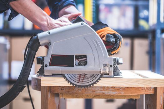 Close up of circular saw, ready for sawing wood planks