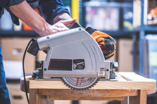Close up of circular saw, ready for sawing wood planks