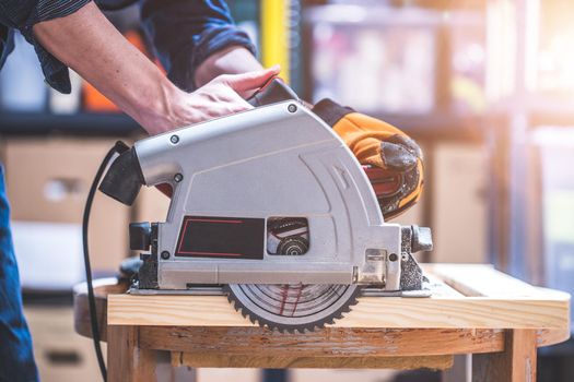 Close up of circular saw, ready for sawing wood planks
