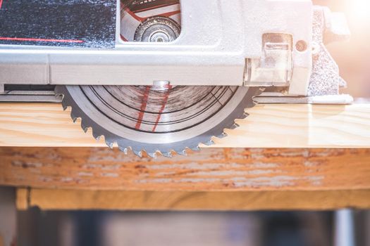 Close up of circular saw, ready for sawing wood planks