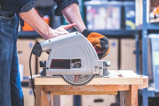 Close up of circular saw, ready for sawing wood planks