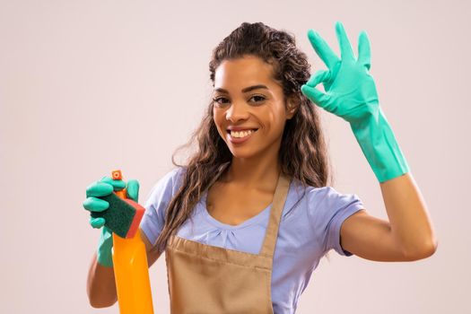 Portrait of happy and successful african-american housewife who is ready for housework.