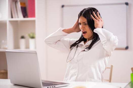 Portrait of upset doctor in her office.