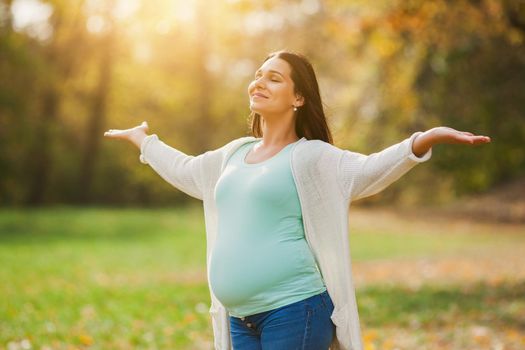 Happy pregnant woman relaxing in park.