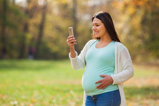 Pregnant woman relaxing in park. She is chatting on smartphone.