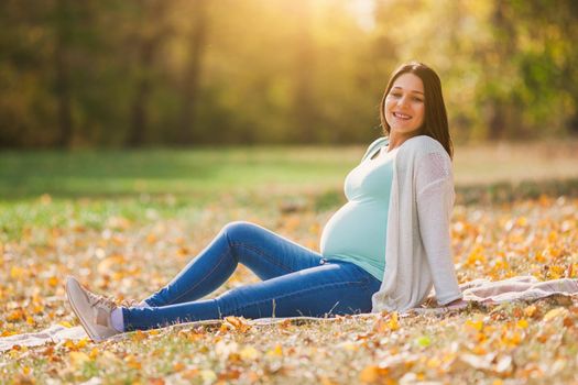 Happy pregnant woman relaxing in park.