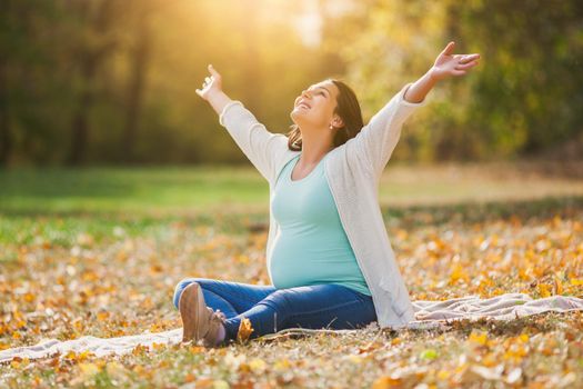 Happy pregnant woman relaxing in park.