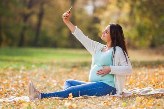 Pregnant woman relaxing in park. She is taking selfie.
