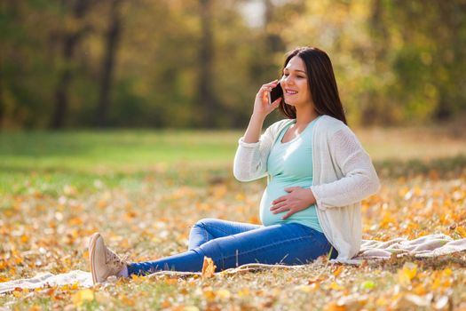 Pregnant woman relaxing in park. She is talking on phone.