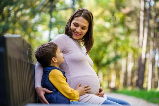 Happy boy and his pregnant mother are enjoying autumn in park.