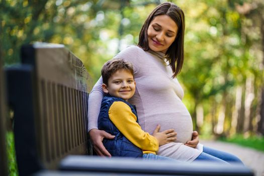 Happy boy and his pregnant mother are enjoying autumn in park.