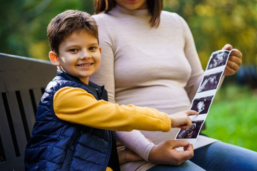 Happy boy and his pregnant mother are enjoying autumn in park. They are looking at x-ray images of baby.