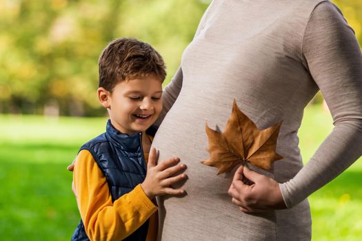 Happy boy and his pregnant mother are embracing in park in autumn. Family relaxing time in nature.
