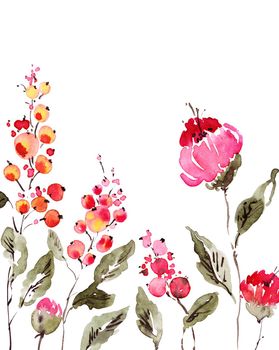 Set of flowers painted by watercolor. Isolated illustration on white background.