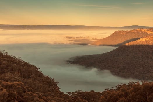 Fog in the Megalong Valley in The Blue Mountains in New South Wales in Australia