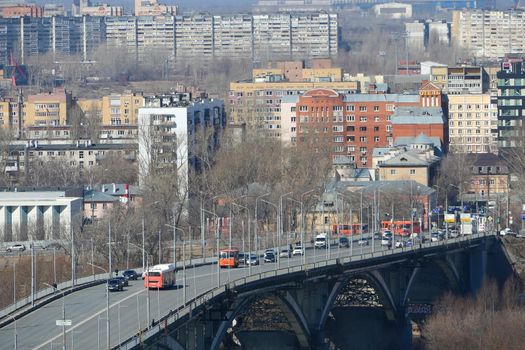 Panoramic view of the transport bridge over the river in the big city. High quality photo