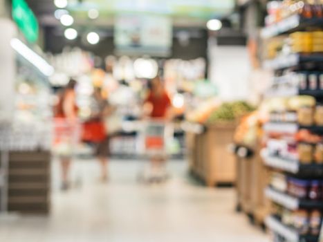 Abstract blurred supermarket aisle with colorful shelves and unrecognizable customers as background