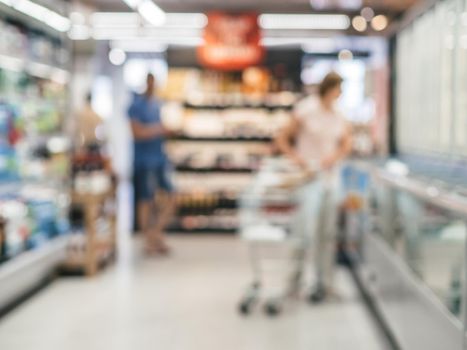 Abstract blurred supermarket aisle with colorful shelves and unrecognizable customers as background