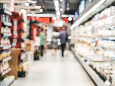 Abstract blurred supermarket aisle with colorful shelves and unrecognizable customers as background