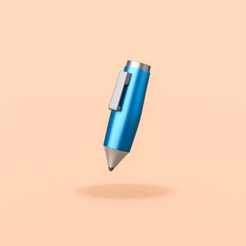 Cartoon Single Blue Metallic Pen Isolated on Flat Orange Background with Shadow 3D Illustration