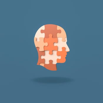 Orange Human Puzzle Head Shape Isolated on Flat Blue Background with Shadow 3D Illustration