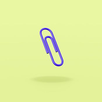 One Blue Paperclip Isolated on Flat Green Background with Shadow 3D Illustration