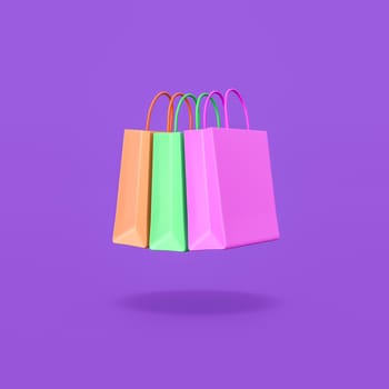 Cartoon Colorful Shopping Bags Isolated on Flat Purple Background with Shadow 3D Illustration