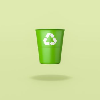 One Green Plastic Bin with Recycle Sign Isolated on Flat Green Background with Shadow 3D Illustration