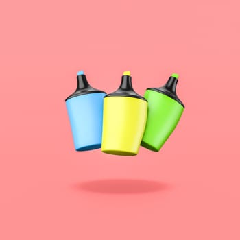 Three Cartoon Colorful Highlighters Isolated on Flat Red Background with Shadow 3D Illustration