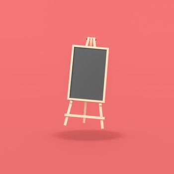 Blank Vertical Blackboard on Wooden Easel Isolated on Flat Red Background with Shadow 3D Illustration