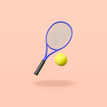 Tennis Racket and Ball Isolated on Flat Orange Background with Shadow 3D Illustration