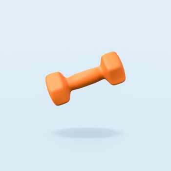 One Single Orange Dumbbell Isolated on Flat Blue Background with Shadow 3D Illustration