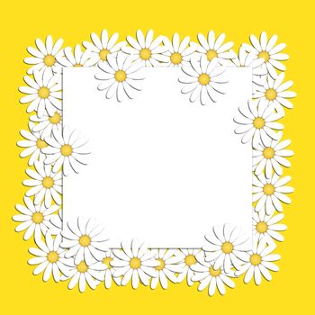 Beautiful modern background with white chamomile flowers with a blank sheet of writing paper in the center. Floral fashion creative ideas. Stylish nature spring or summer background. Graphic design.