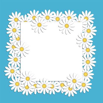 Beautiful modern background with white chamomile flowers with a blank sheet of writing paper in the center. Floral fashion creative ideas. Stylish nature spring or summer background. Graphic design.