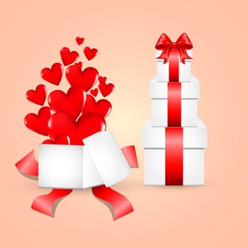 White gift box with red satin bow. A heart flies from an open gift. Tied with red wrapping tape, it stands on the surface in the front view. gift box